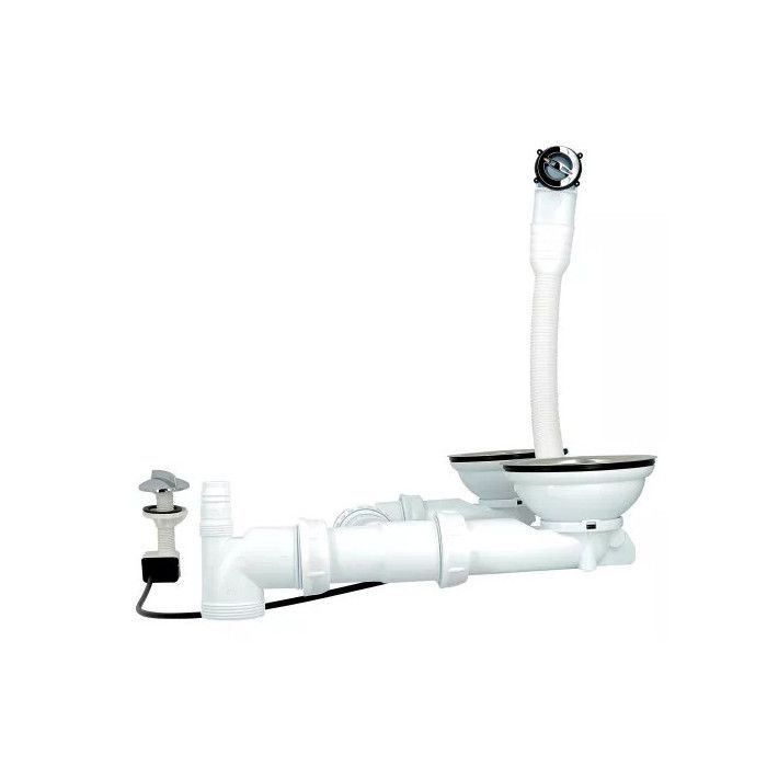 Complete double sink waste kit with 90mm holes, suitable for all materials, automatic cable-operated waste fitting