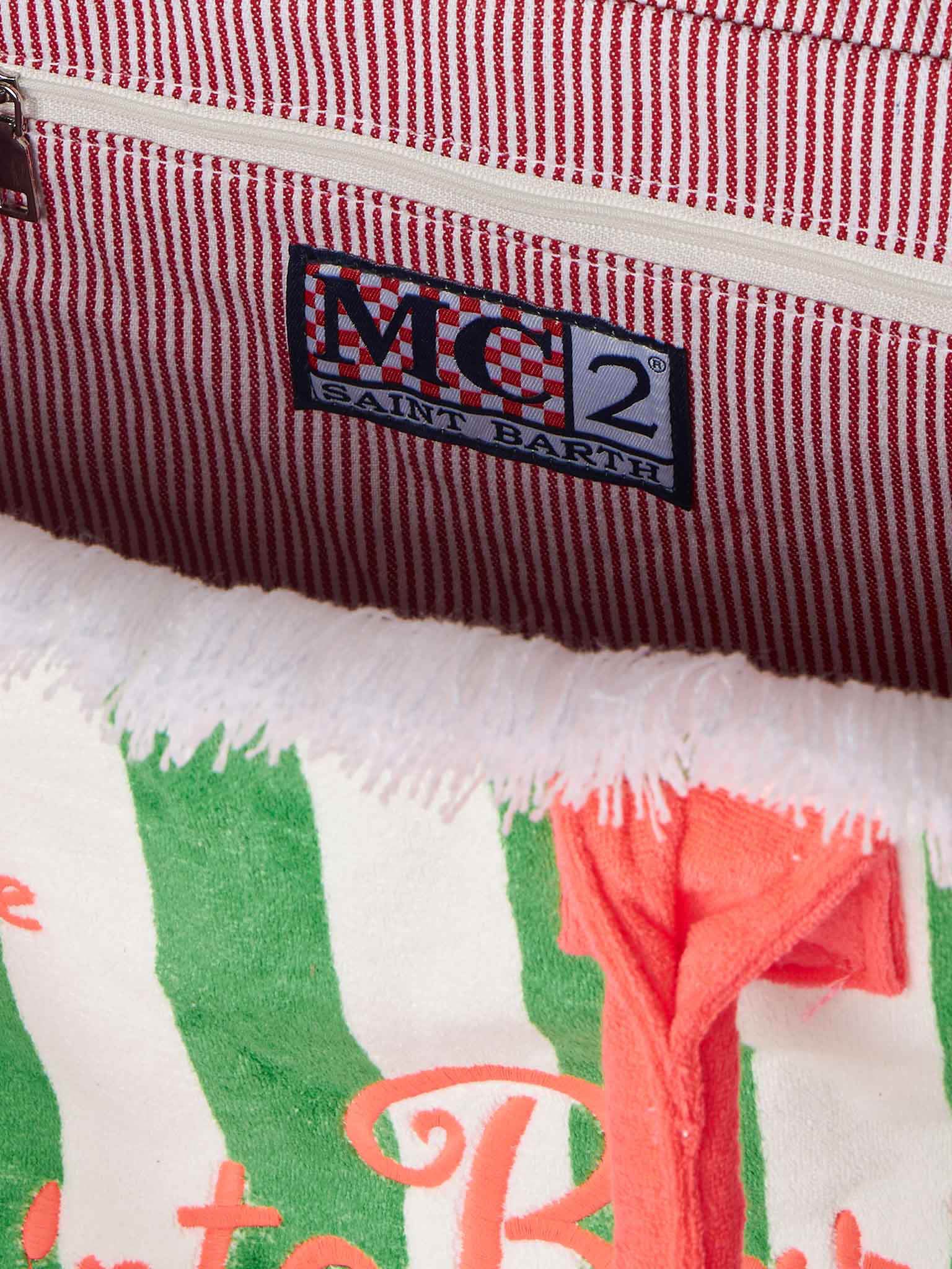 Vanity Terry schoudertas met groene en witte strepen en Saint Barth fuchsia jacquard borduurwerk – binnenvak met rits | MC2 Saint Barth