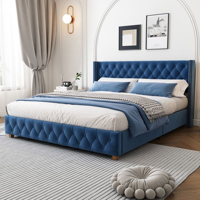 Cama doble para adultos - TKOPY - Cama tapizada de 160x200 cm, con somier de láminas, terciopelo azul.
