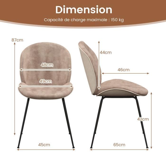 COSTWAY Lot de 2 Chaises à Manger en Velours, Taille du Siège 49x46 cm, Base en Métal, Charge Max. 150kg, pour Cuisine, Salon, Café