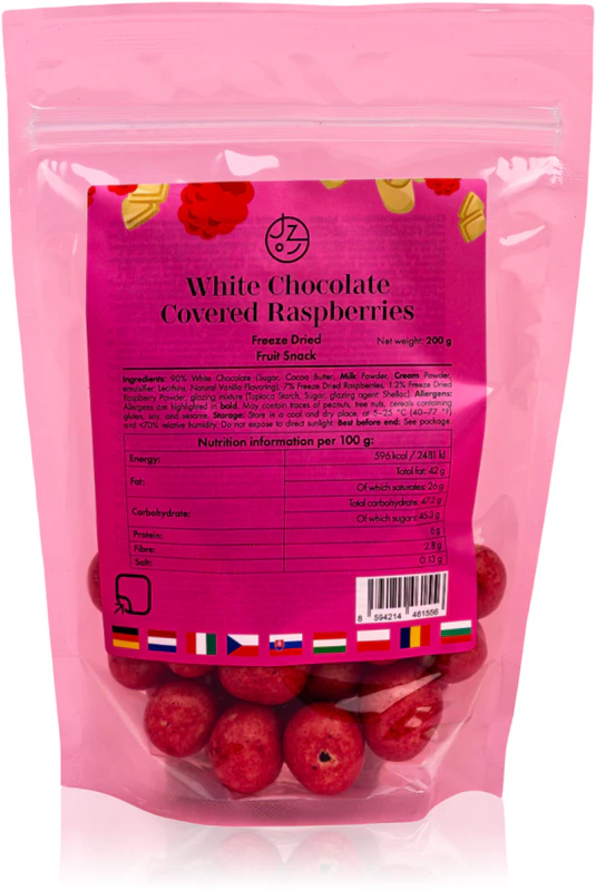 Wij eten gezond. Gevriesdroogde frambozen in witte chocolade. 200 g gevriesdroogd fruit in chocolade.