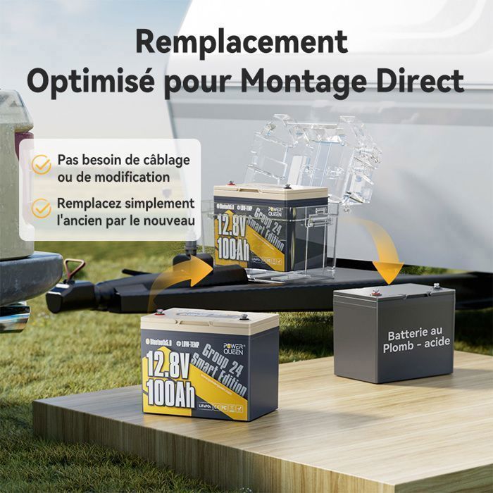 Power Queen 12V 100Ah LiFePO4 lithiumbatterij met Bluetooth, 100A BMS - 1280Wh - Groep 24 formaat - voor campers, off-grid gebruik