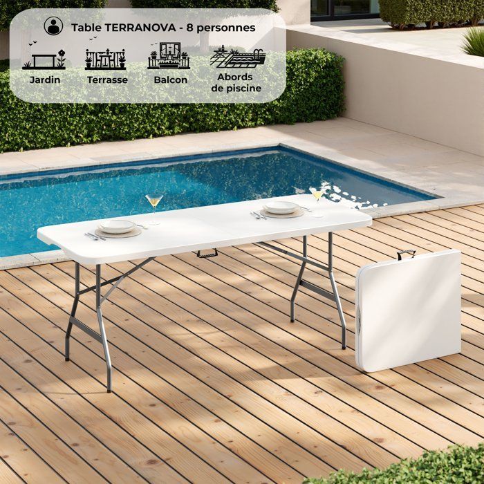 Table de réception pliante - TERRANOVA - Blanche - Structure acier et Plateau en Polyéthylène PEHD - 8 personnes - 180x74xH73,5 cm