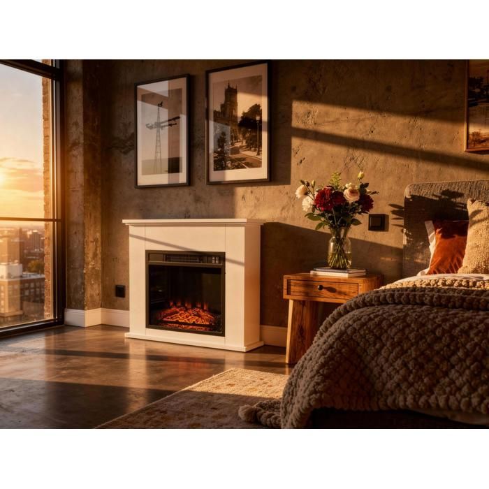 Chimenea eléctrica de pie de 2 kW en acero lacado blanco con mando a distancia.