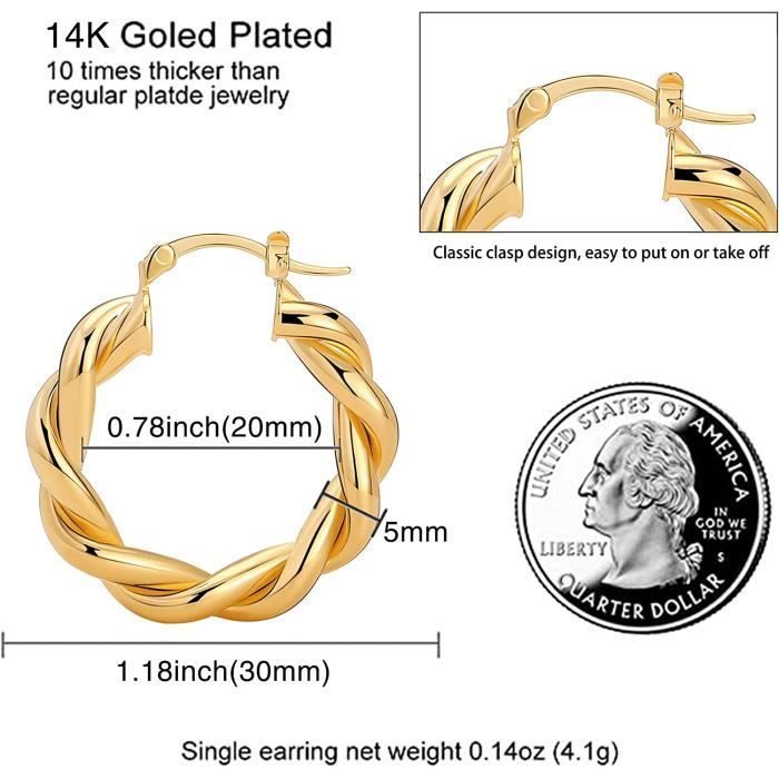 Twisted gold hoop earrings for women, thick and chunky vintage-style hoop earrings, hypoallergenic, 1422