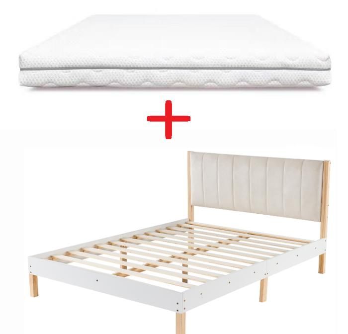 Colchón + Juego de cama doble - 140x190cm - Base de láminas - Cabecero incluido - Blanco