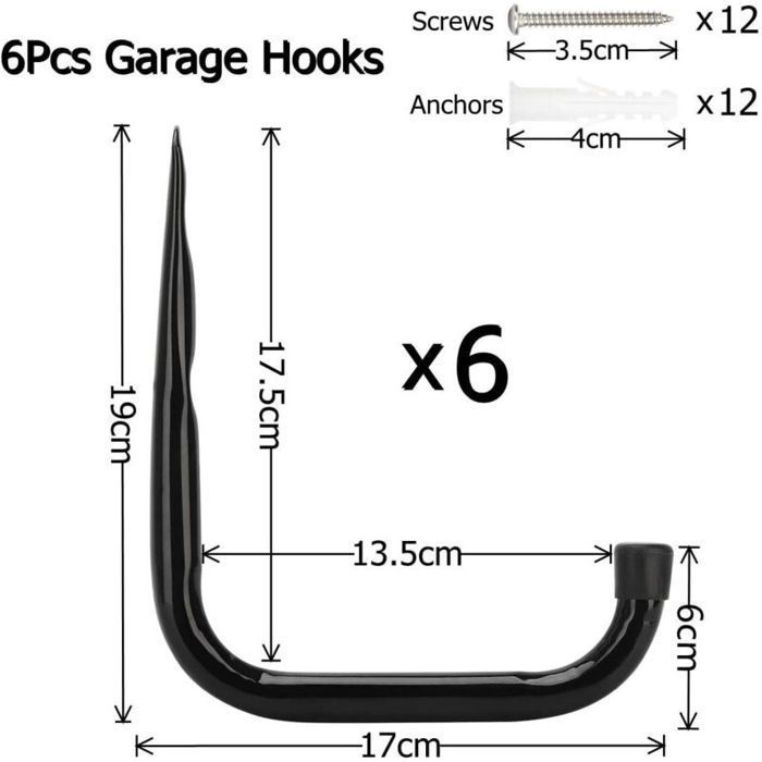 Ganchos de almacenamiento resistentes para escaleras de garaje, soporte de pared para bicicletas/herramientas (juego de 6).