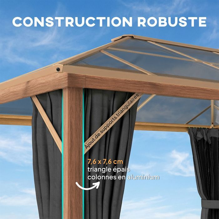 Garden gazebo - outdoor pavilion - Outsunny - wood-look rigid polycarbonate roof UV50+ - aluminum - 398x298x262cm - natural
