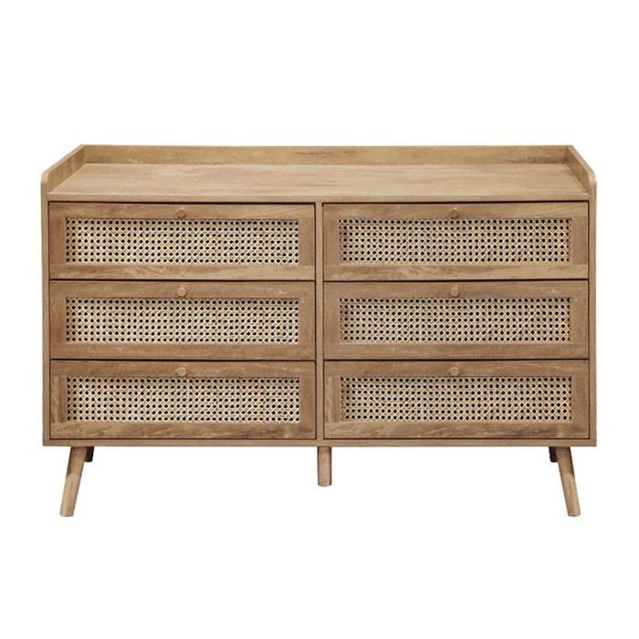 CALICOSY - Commode 6 tiroirs avec façades en rotin naturel L120 cm PALMO - Bois clair