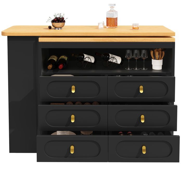 Aparador de cocina industrial extensible, mueble de cocina giratorio 360°, 6 cajones, 137-203x39x90cm, aparador de almacenamiento para sala de estar, negro