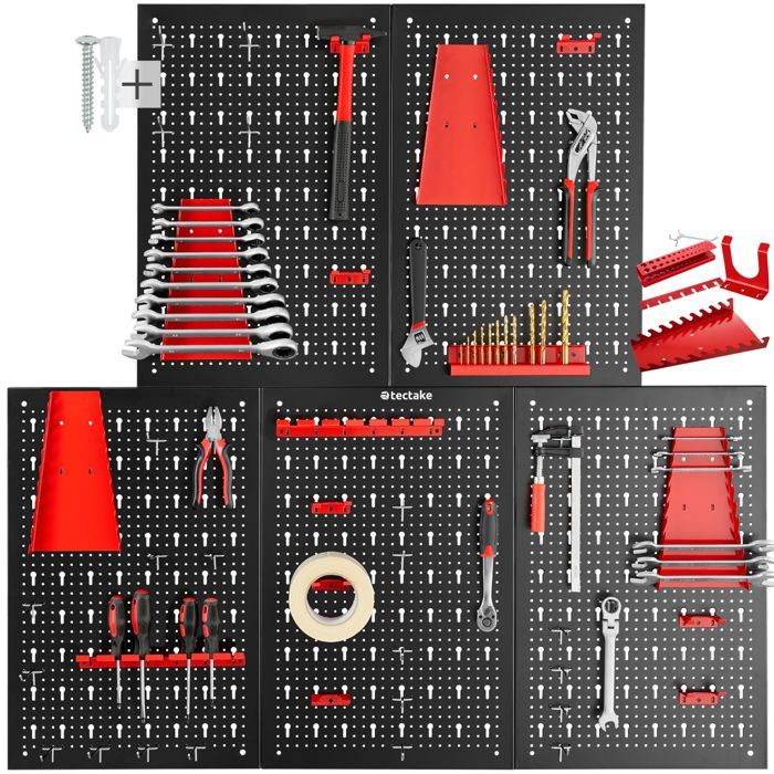 Almacenamiento de herramientas - TECTAKE - Juego de 5 paneles de acero perforado JONAH para un práctico almacenamiento de herramientas con ganchos incluidos.