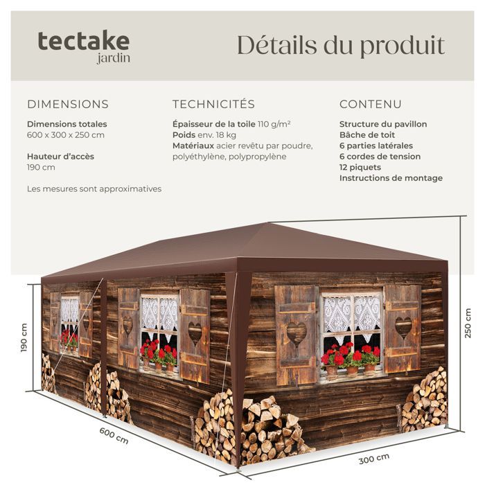 Gazebo - TECTAKE - ALMCHALET Padiglione in polietilene e acciaio 600 x 300 x 250 cm - Marrone