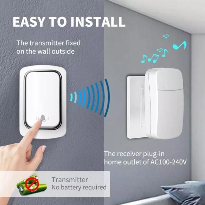 Sonnette sans fil auto-alimentée sans pile, portée 150 m, étanche IP44, 38 mélodies, volume réglable jusqu’à 110 dB