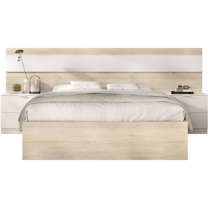 Cama adulta NIZA con mesillas de noche integradas - 160 x 200 cm - Roble natural / Blanco