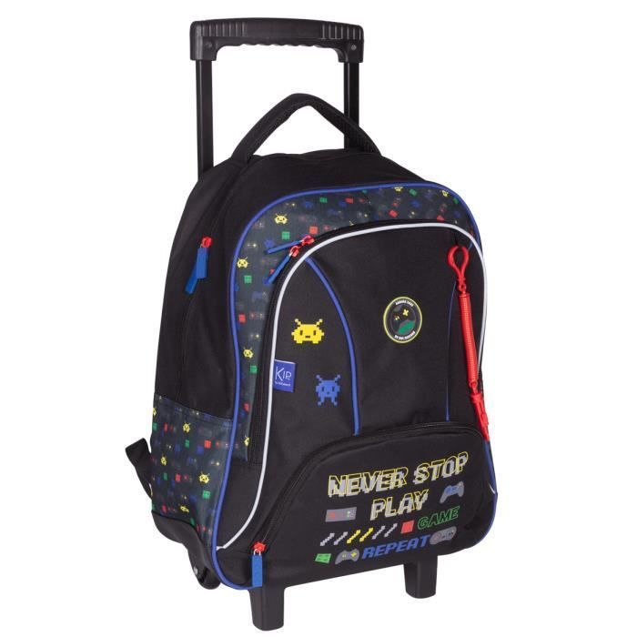Mochila com rodinhas - KIP - GAME ZONE - Preta - 2 compartimentos - Carrinho incluso - Para crianças