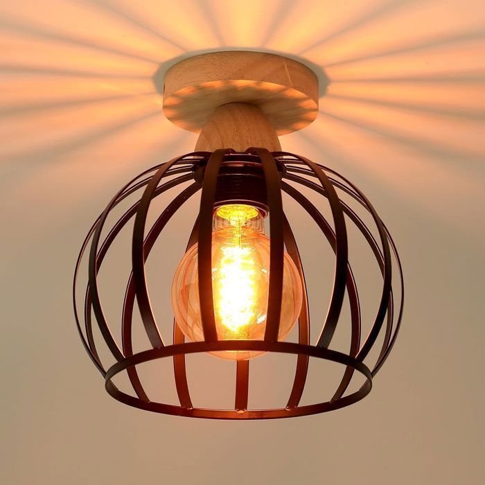 Lámpara de techo industrial iDEGU E27, diseño de jaula de madera y metal, lámpara de araña vintage retro de 20 cm para dormitorio y sala de estar.