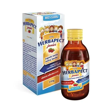 Herbapect Junior, Syrop na kaszel suchy i mokry, Dla dzieci od 1. roku życia, Smak malinowy, Bez cukru