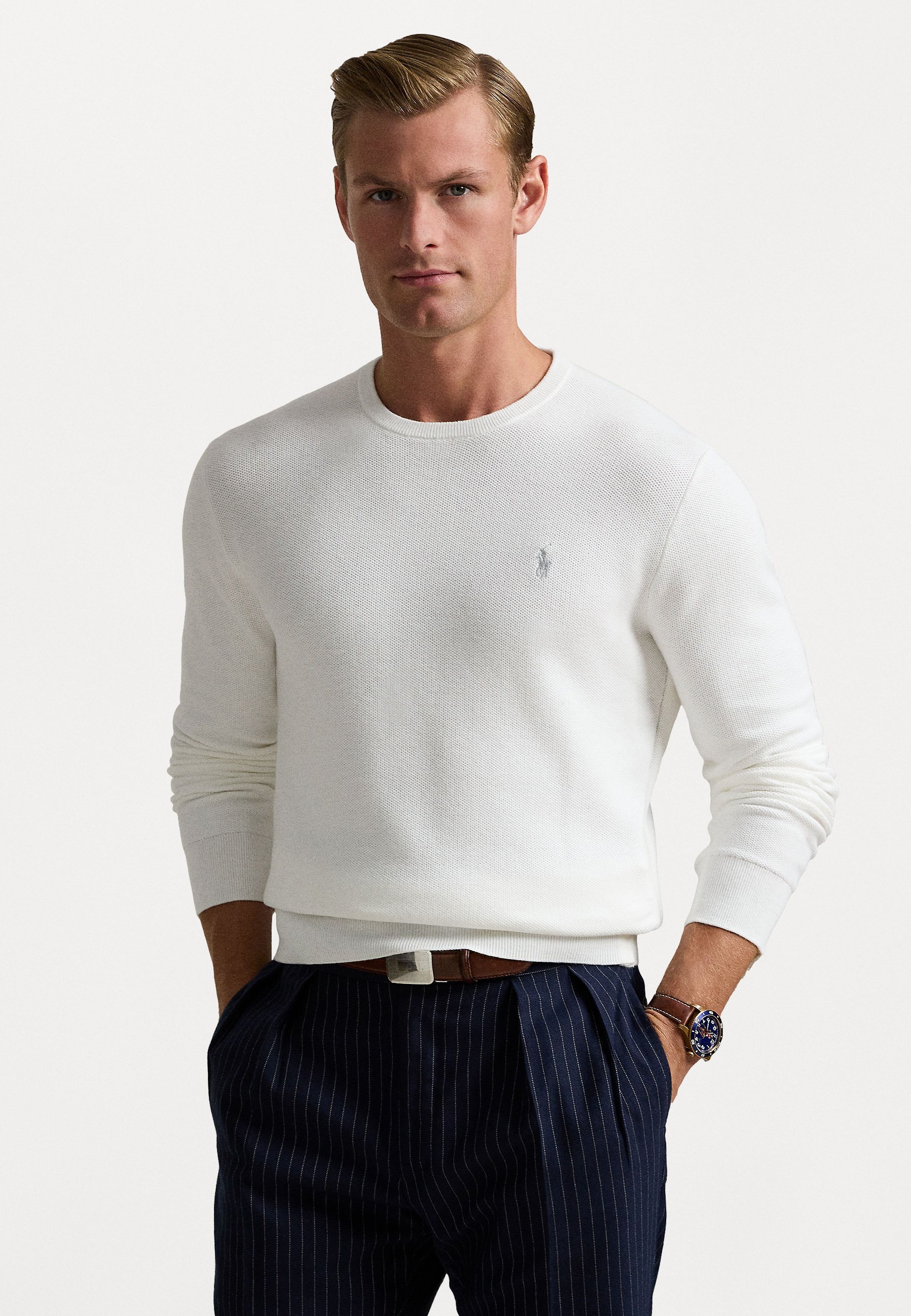 Pull Polo Ralph Lauren en maille de coton à col rond - Blanc délavé