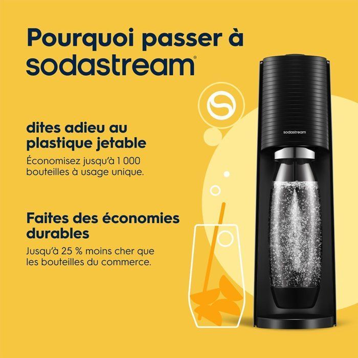 Machine à soda et eau pétillante SODASTREAM - TERRA Noire - 2 bouteilles compatible lave-vaisselle - 1 recharge de gaz 60L