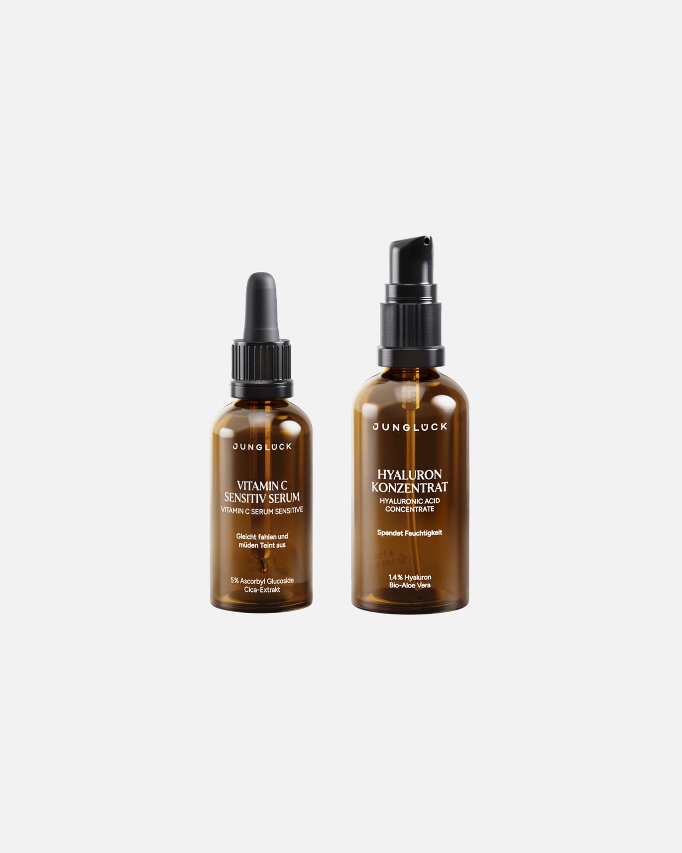 Juniglück sejas kopšanas komplekts “Stardiantly Beautiful Combination” – hialuronskābes koncentrāts, C vitamīna serums jutīgai ādai, dāvanu komplekts – 80 ml