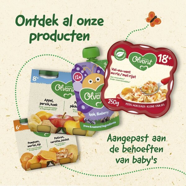 Olvarit 8+M ovocná kaša s broskyňou a jablkom<br>2 x 200g