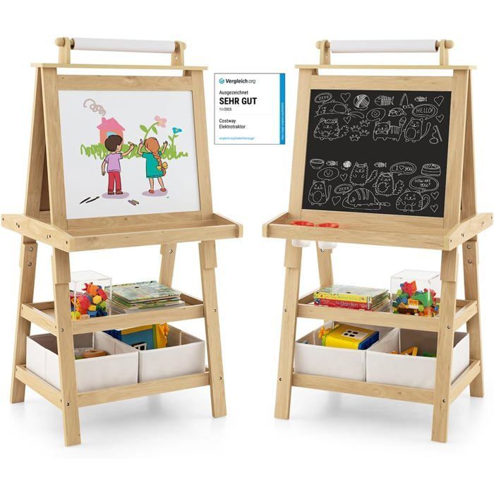 Caballete infantil COSTWAY (magnético, blanco y negro), rollo de papel (papel incluido), 3 estantes y 2 cajas de almacenamiento de materiales naturales.