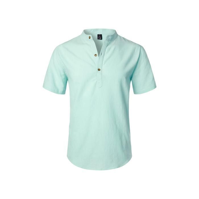 Men's Henley Shirt, Short Sleeves, Breathable Cotton and Linen, Slim Fit, Striped, 3-Button Collar, Mint Green, Size S