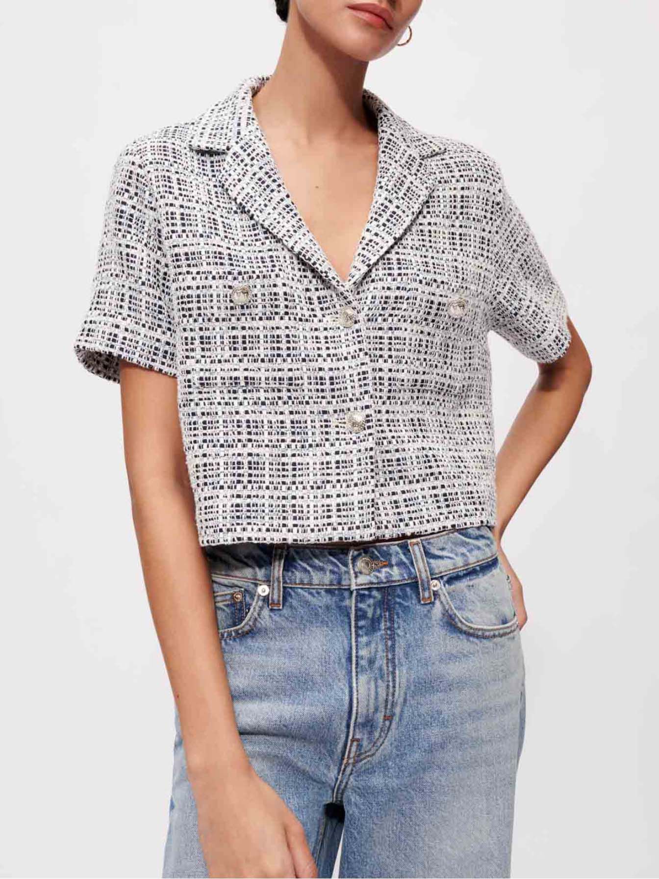 Jachetă cu mânecă scurtă în stil tweed - Albastră