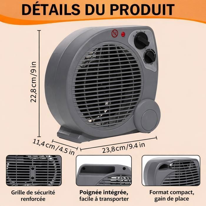 Calefactor auxiliar de 2000 W, calefactor con ventilador de 2 velocidades (1000/2000 W), protección contra sobrecalentamiento y vuelco.