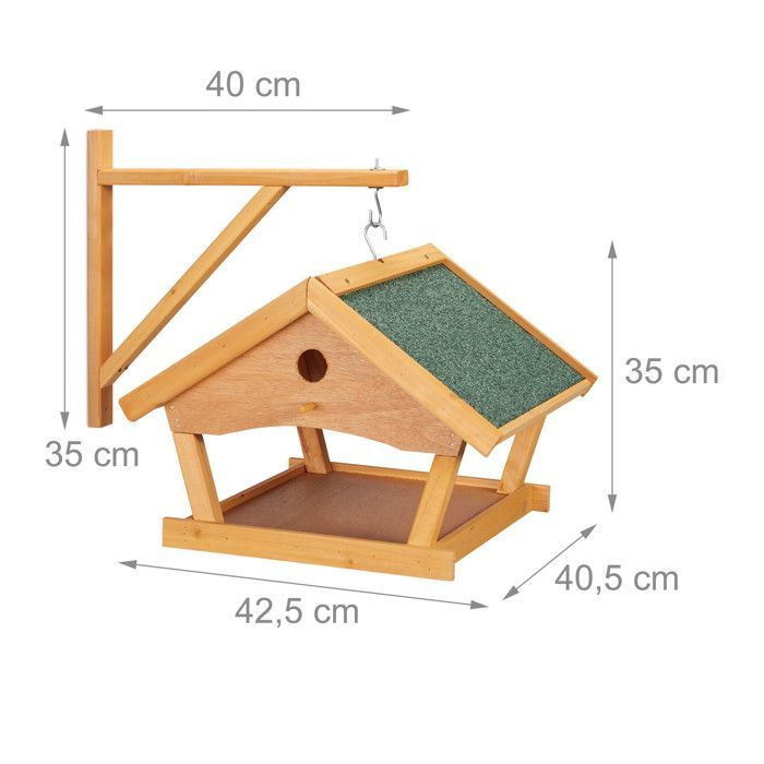 Relaxdays Mangeoire pour oiseaux en bois, à suspendre, HLP: 35x42,5x40,5 cm, jardin, distributeur de nourriture, nature