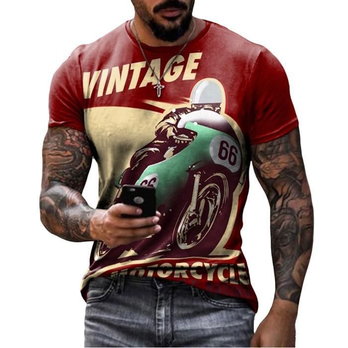Ανδρικό T-shirt, Vintage T-shirt με τρισδιάστατη εκτύπωση μοτοσικλέτας, T-shirt με στρογγυλή λαιμόκοψη και κοντό μανίκι μοτοσικλέτας - Πορτοκαλί