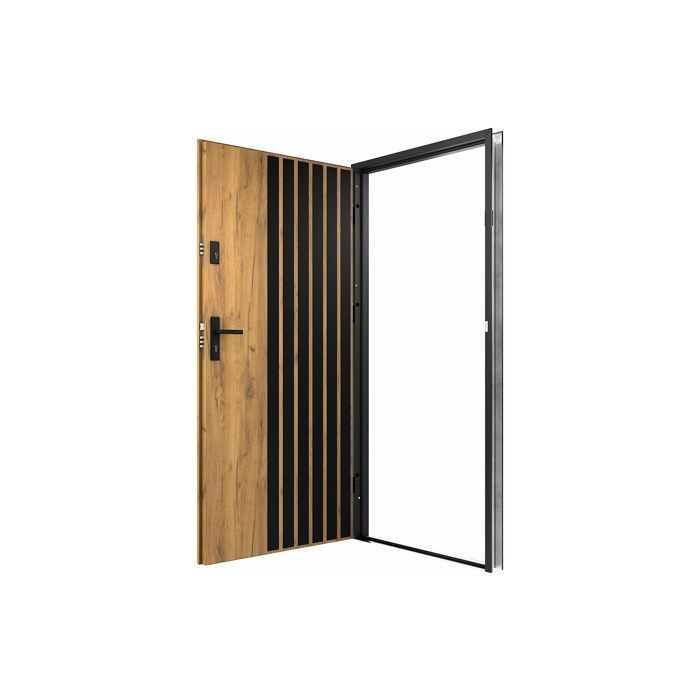 Porte d'entrée pleine en acier H207 x L100 cm - Effet chêne avec rayures noires - épaisseur 55 mm - poussant gauche - COBRITA