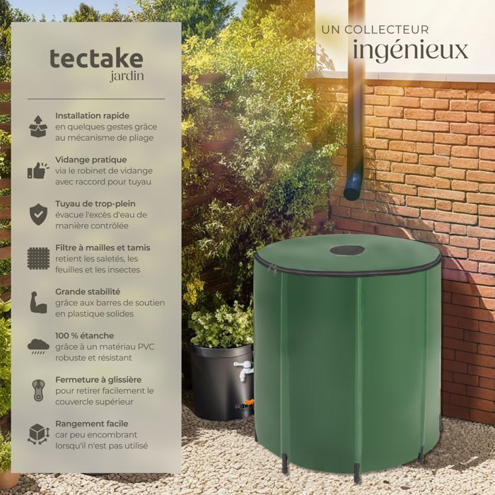 Depósito de agua de lluvia - TECTAKE - Barril de recogida de agua de lluvia fabricado en cloruro de polivinilo con una capacidad de 500 L - Verde