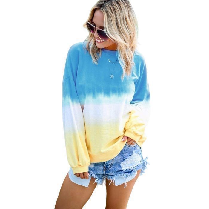 Sudadera de mujer 2025, manga larga con cuello redondo, estampado degradado arcoíris, tendencia primavera/otoño - Azul