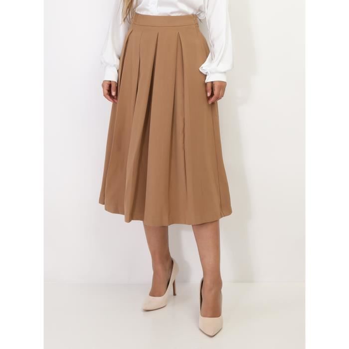 Falda midi acampanada y plisada - LA MODEUSE - Camel y blanco