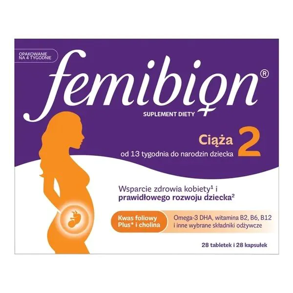 Femibion 2 Ciąża, Zestaw witamin i minerałów dla kobiet od 13. do 40. tygodnia ciąży, Tabletki powlekane + kapsułki miękkie