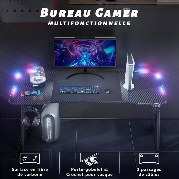 HLONONE 120 x 60 cm LED gamingbureau, groot gamingbureau, met muismat, bekerhouder en hoofdtelefoonhaak, koolstofvezel, zwart