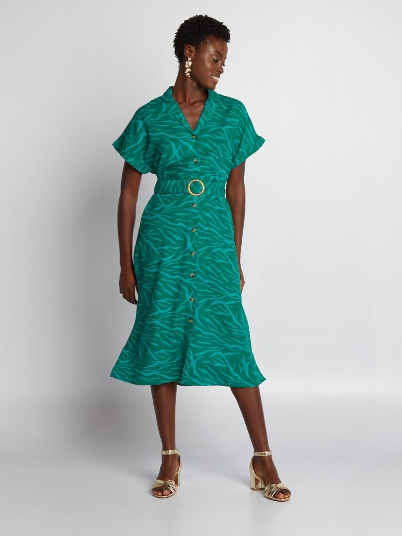 Linnen midi-jurk met riem - GROEN