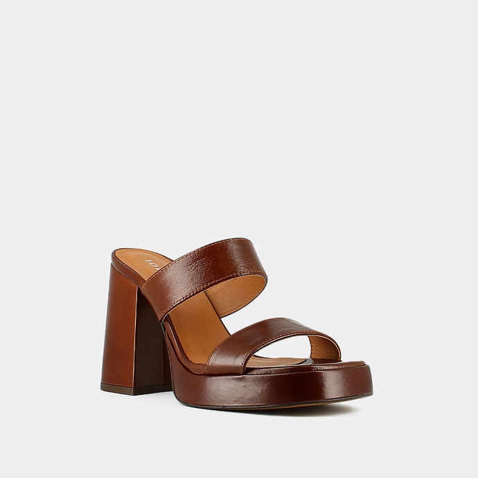 Mules à plateformes et brides  en cuir vieilli marron