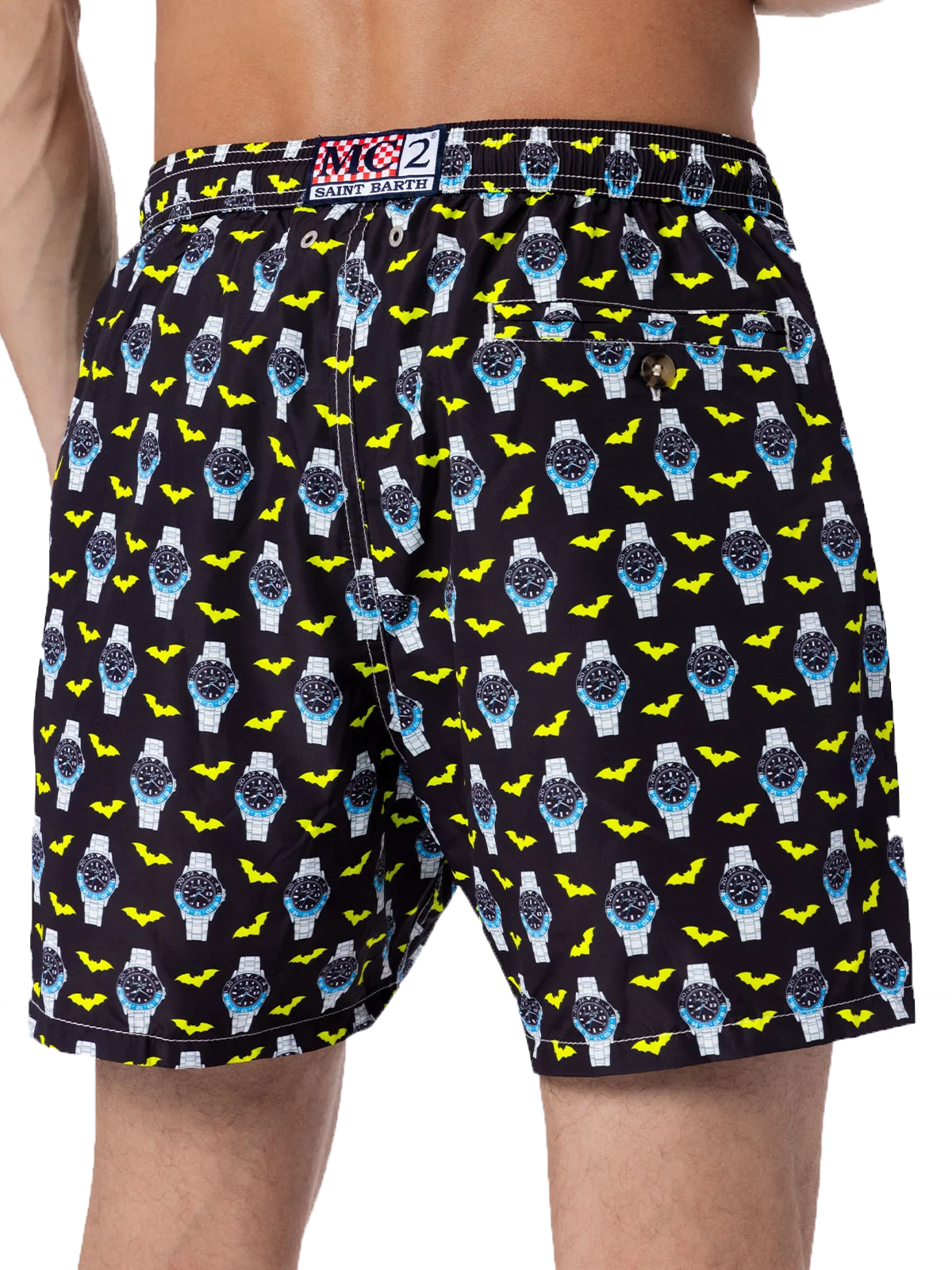 Mid-length zwembroek voor heren | Sneldrogend, all-over print met horloges en vleermuizen | Elastische tailleband, verstelbaar trekkoord | MC2 Saint Barth