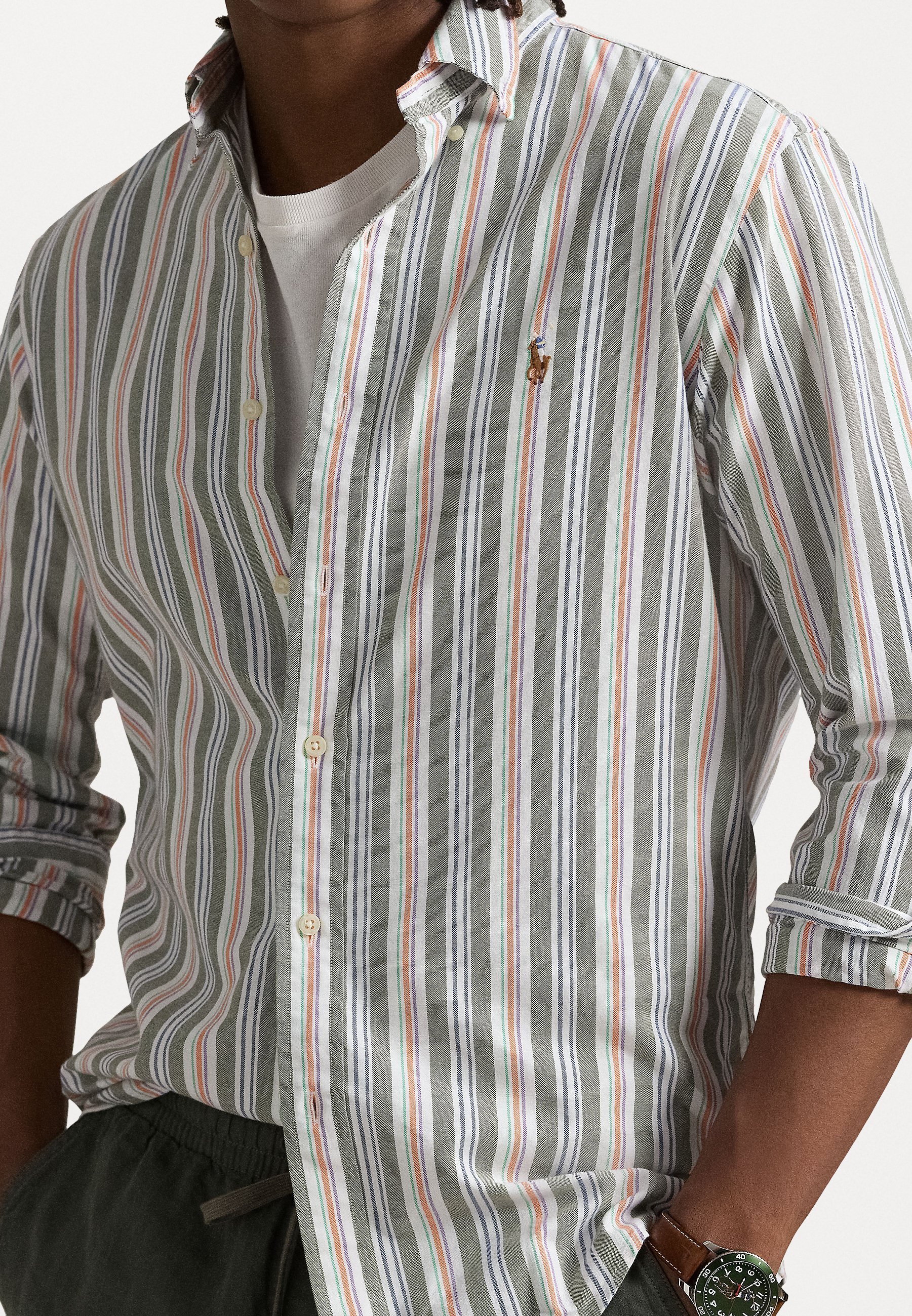 Polo Ralph Lauren CUSTOM FIT GESTREEPT OXFORD SHIRT - Shirt - olijf/oranje