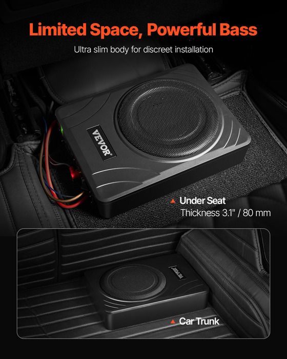 Caisson de Basses Sous le Siège de Voiture-VEVOR-300 W-203 mm-Amplificateur Intégré, Entrée de Niveau Haut/bas, Contrôleur de