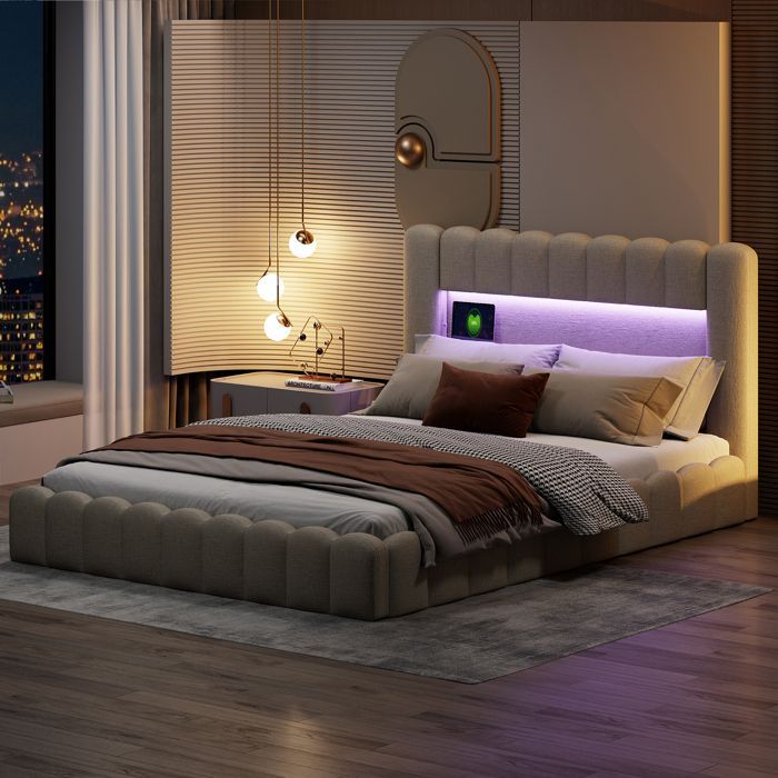 Cama de almacenamiento de 180x200 cm con carga USB tipo C e iluminación LED, cama doble hidráulica con somier de láminas, cama funcional, almacenamiento, lino beige.