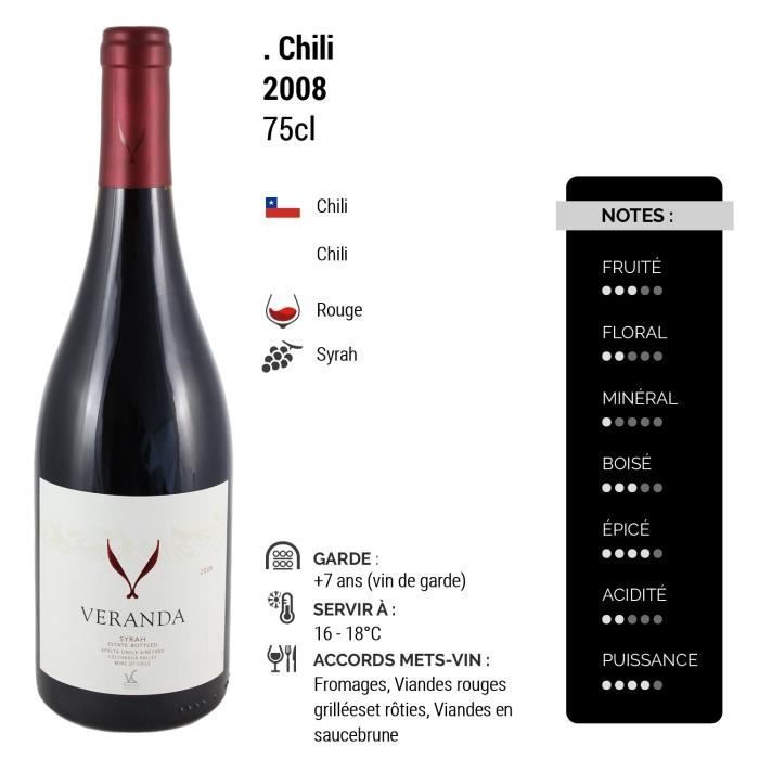 Chili Veranda Syrah Rouge 2008 - Lot de 3x75cl - Bodega Corpora - Vin . Rouge - Origine Chili - Cépage Syrah