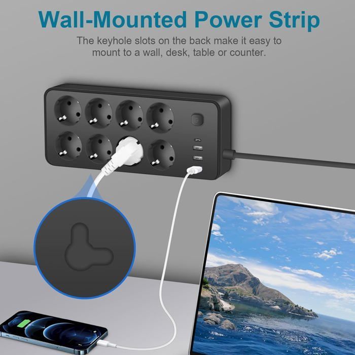 Regleta de 8 tomas con 1 puerto USB-C, 3 puertos USB-A (5V 2A/12W), protector contra sobretensiones con interruptor y cable de 1,8 m.