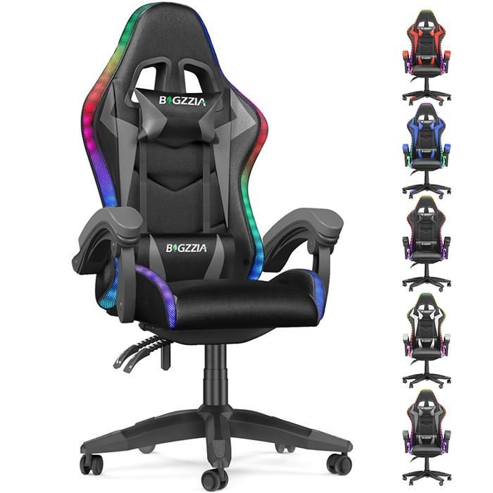 Silla gaming con efectos de iluminación LED, sillón con soporte lumbar y reposacabezas, respaldo regulable en altura, color gris.