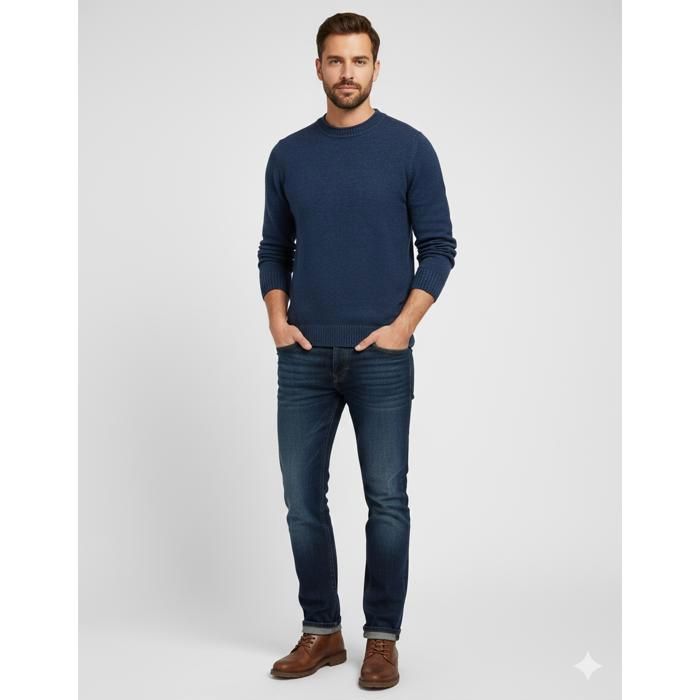 Suéter de punto informal de cuello redondo y corte ajustado para hombre - Suave y cómodo, estilo invernal - FUNMOON - Azul