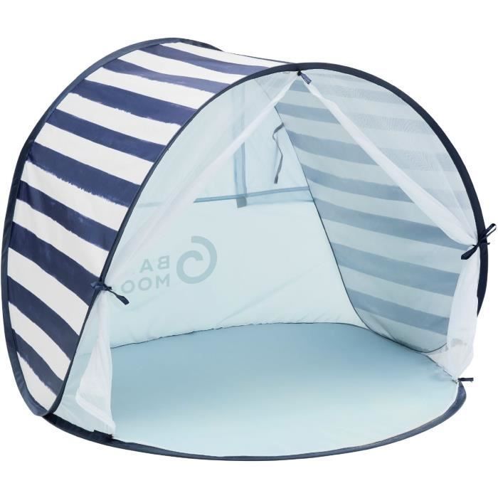 Tenda Babymoov con protezione UV SPF 50+ a righe e zanzariera integrata.