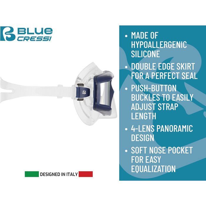 Conjunto CRESSI Horizon+Scilla con 4 lentes templadas y tubo de snorkel seco - Unisex para buceo/snorkel, azul marino