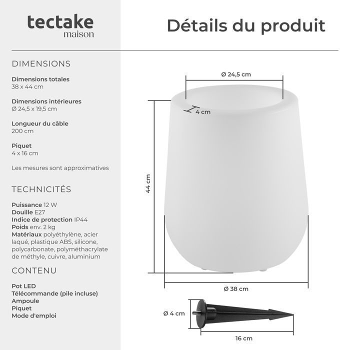 TECTAKE Pot de fleurs LED LUMINOUS CURVE POT avec éclairage LED 12 W